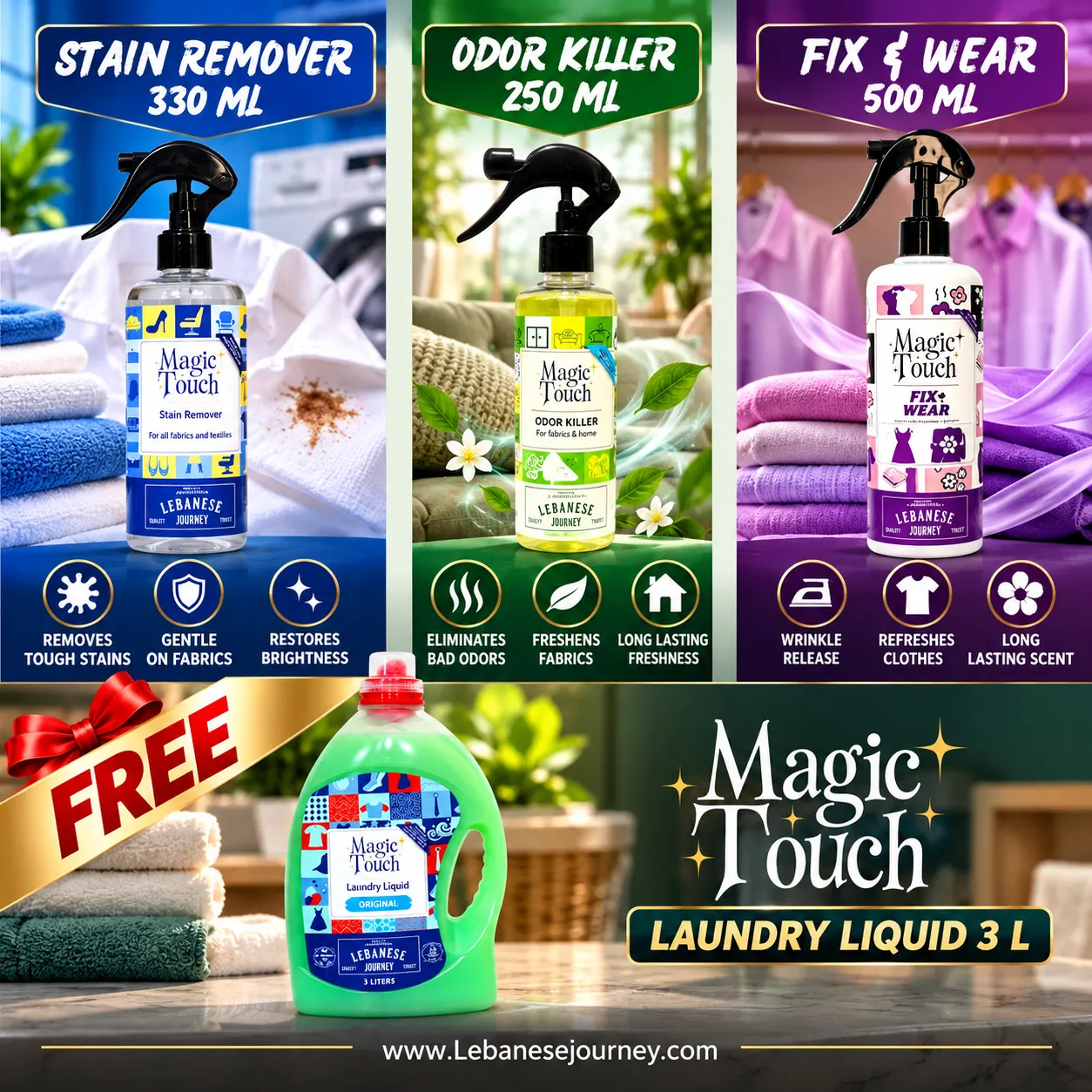 Magic Touch Stain Remover 330ML Odor Killer Fix & Wear Magic Touch Laundry Liquid 3L