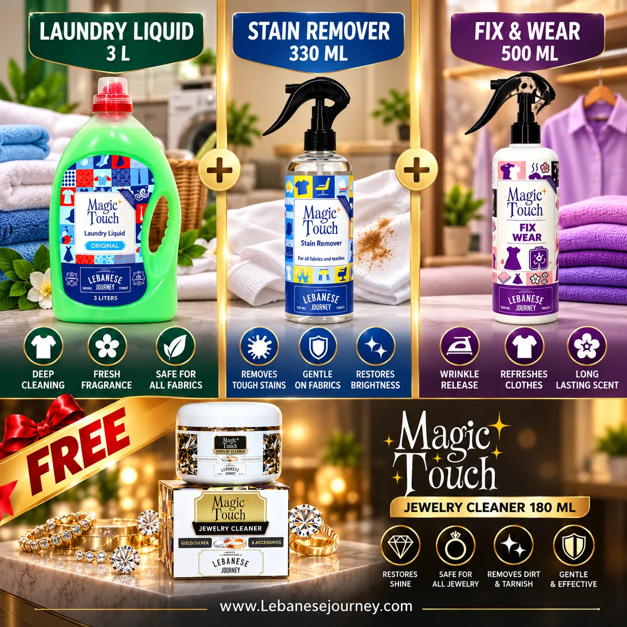 Magic Touch Laundry Liquid 3L. Stain Remover 330ML .Fix & Wear. Magic Touch Jewelry Cleaner