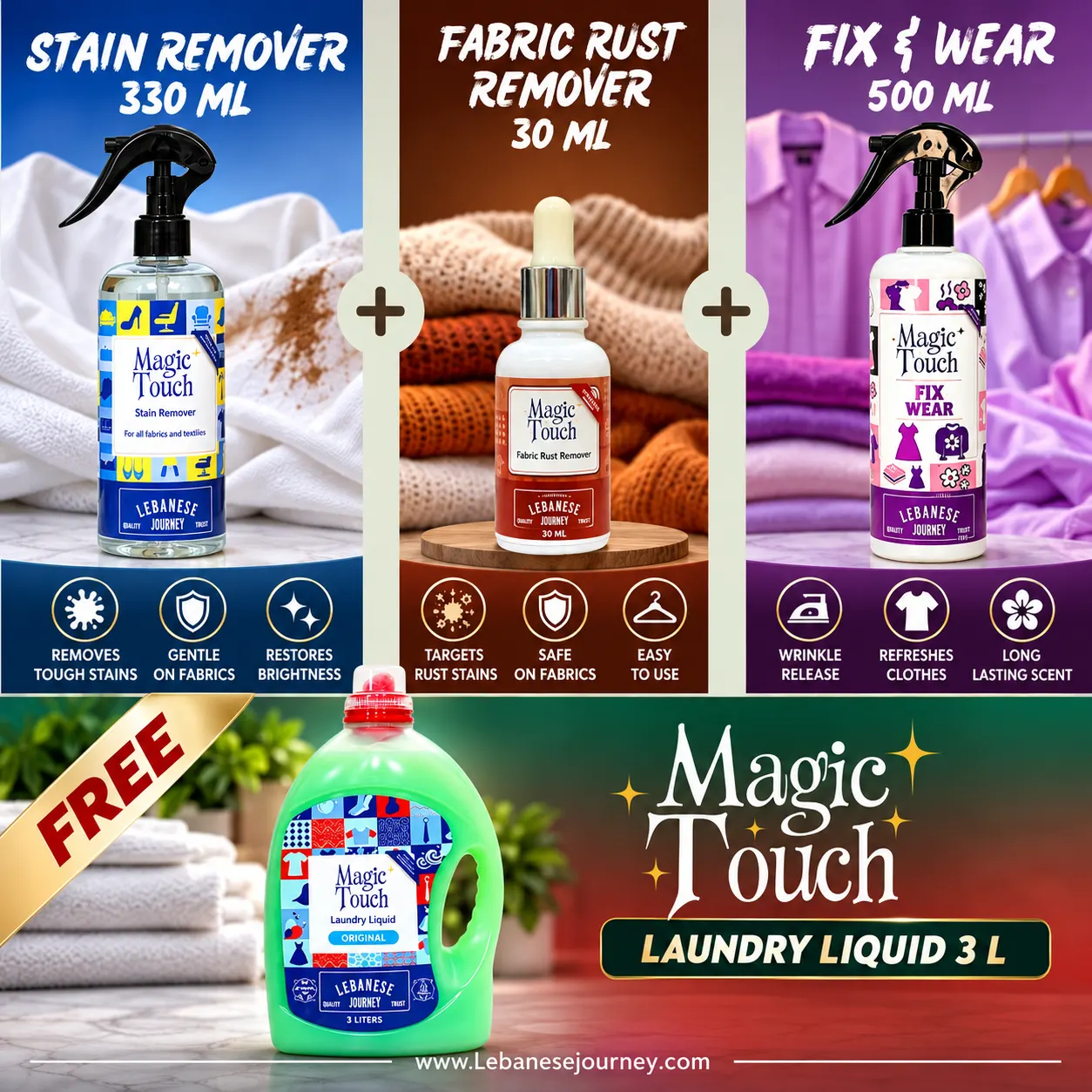 Magic Touch Stain Remover 330ML Fix & Wear fabric rust remover Magic Touch Laundry Liquid 3L